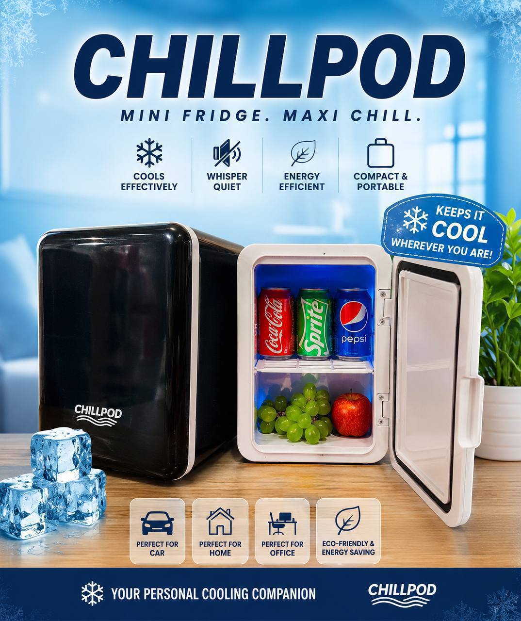 ChillPod Mini Fridge – Portable Personal Cooler | Mini Refrigerator for Home, Office & Car