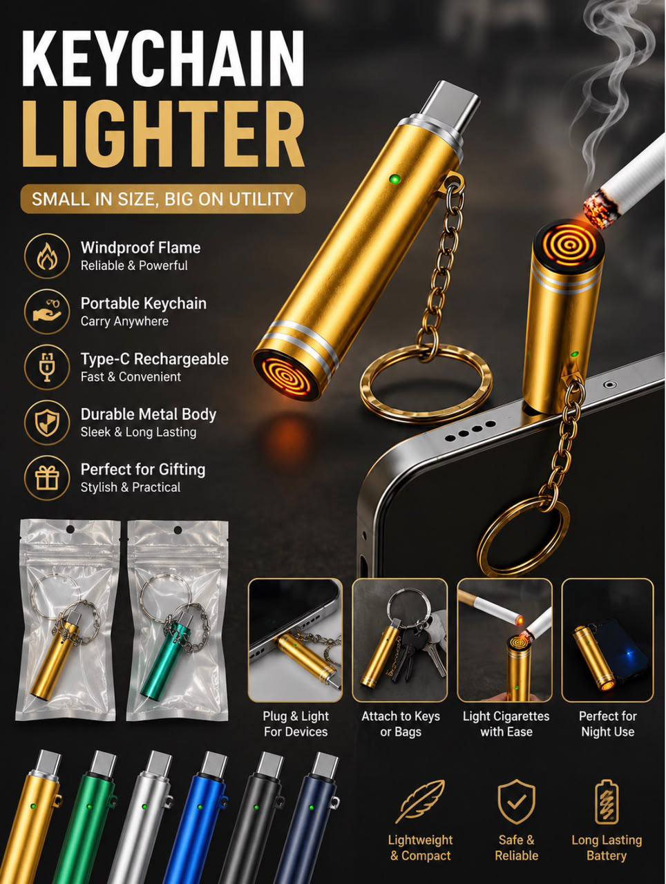USB Rechargeable Keychain Lighter – Windproof Electric Lighter