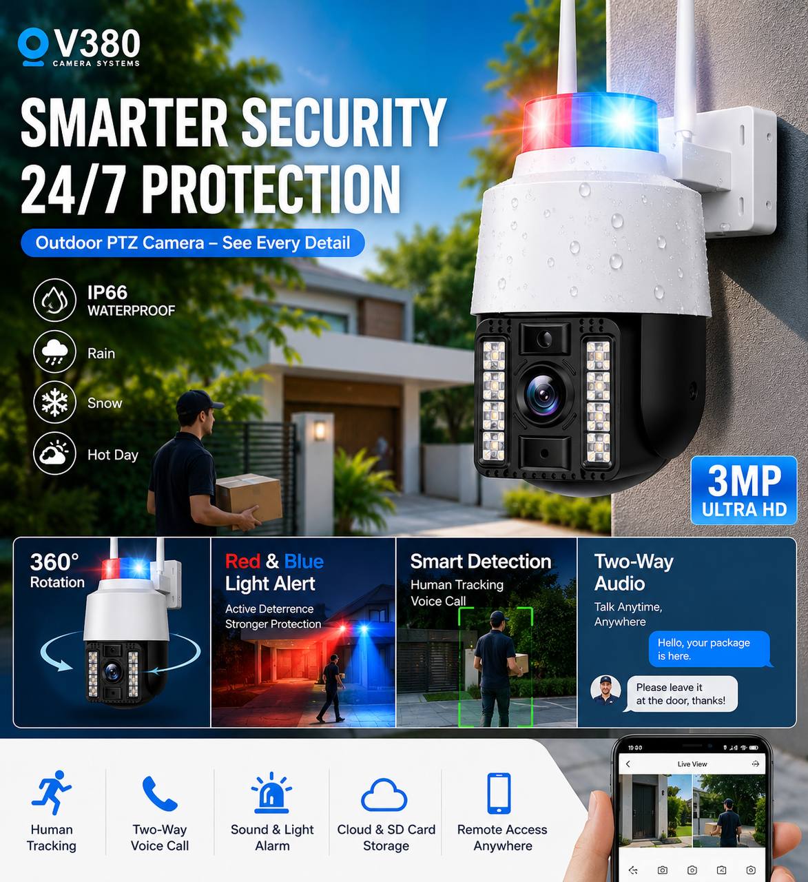 V380 Outdoor PTZ WiFi Security Camera – 3MP Ultra HD | 360° Protection | Smart Home Security