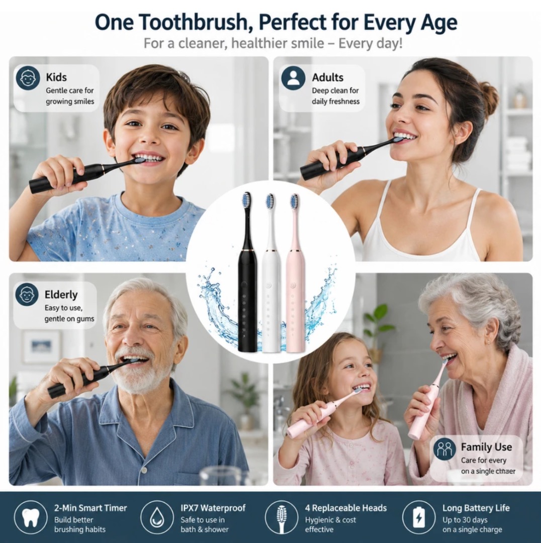 X-3 Sonic Electric Toothbrush | USB Rechargeable | IPX7 Waterproof | 6 Cleaning Modes